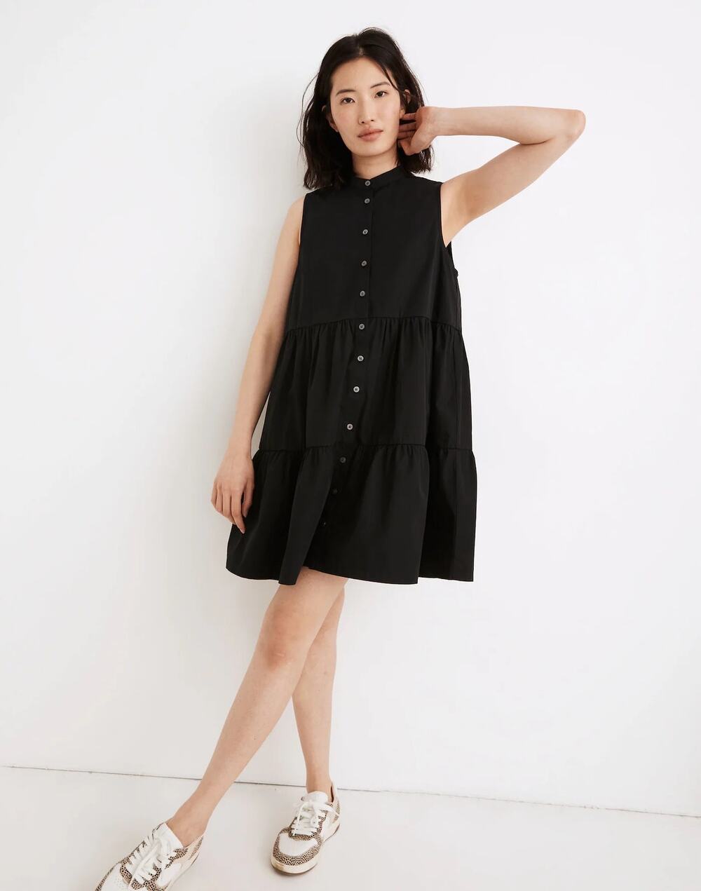 Madewell Black Gray Sleeveless Tiered Button Down Mini A-Line Shirt Dress Sz XS